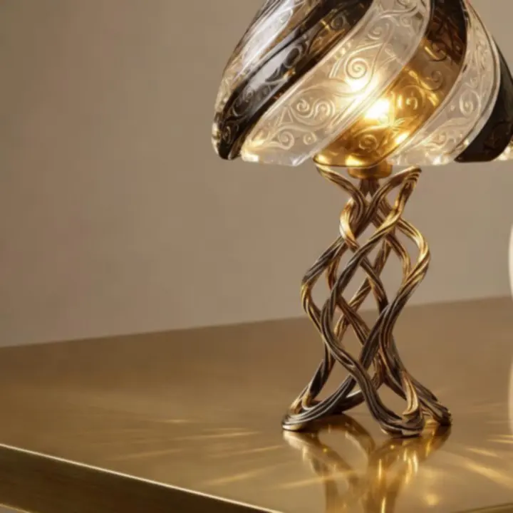 Detal designerskiej lampy stołowej z wykończeniem w kolorze mosiądzu