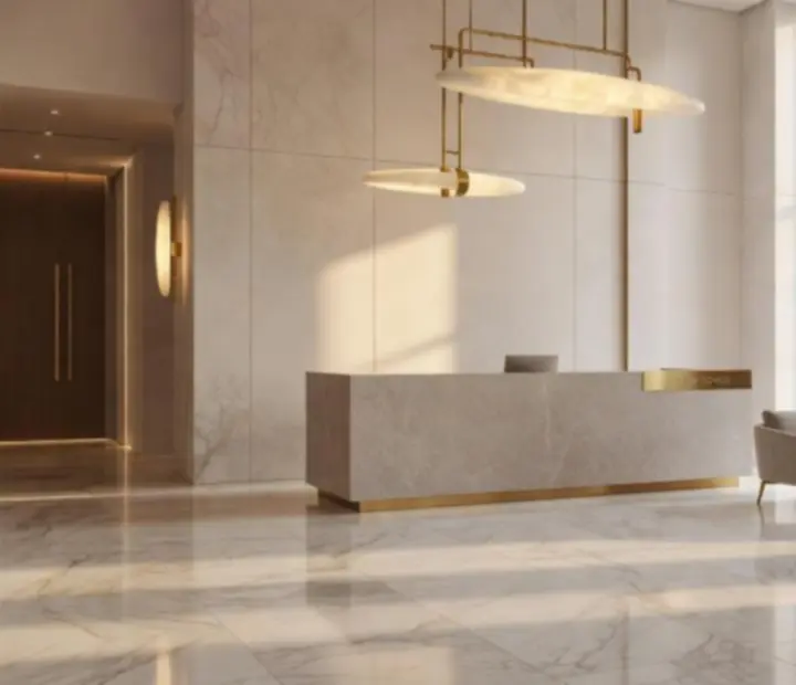 Lobby biurowca klasy premium z eleganckim oświetleniem